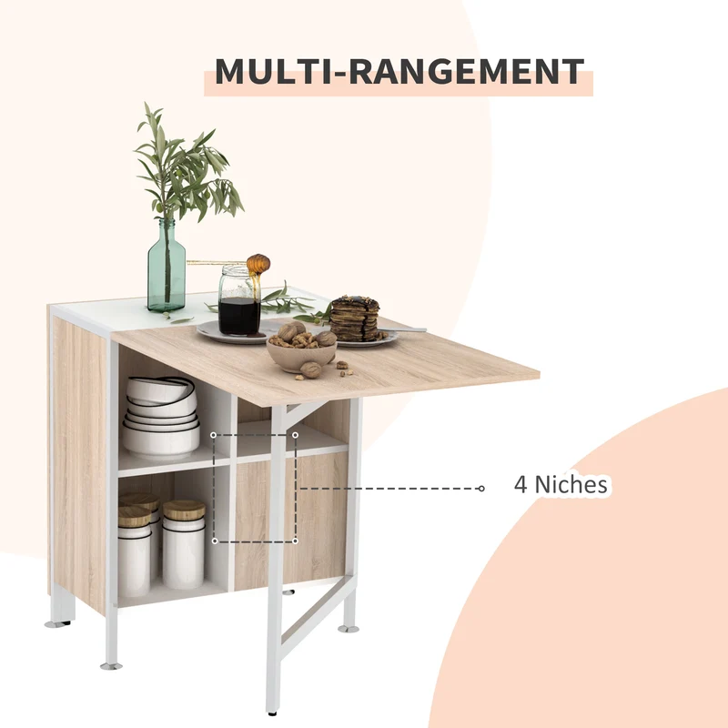 Table pliante pour 4 personnes 169 x 62 x 75 cm gain de place rangements intégrés contemporain épuré en MDF chêne clair 21_0001721