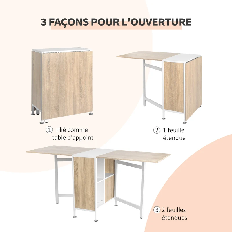 Table pliante pour 4 personnes 169 x 62 x 75 cm gain de place rangements intégrés contemporain épuré en MDF chêne clair 21_0001721