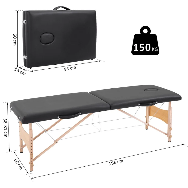 Table de massage pliante 186 x 60 x 61-87 cm hauteur réglable oreiller facial amovible léger moderne épuré en PVC noir 21_0000770