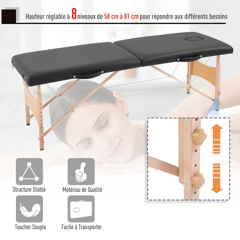 Table de massage pliante 186 x 60 x 61-87 cm hauteur réglable oreiller facial amovible léger moderne épuré en PVC noir 21_0000770
