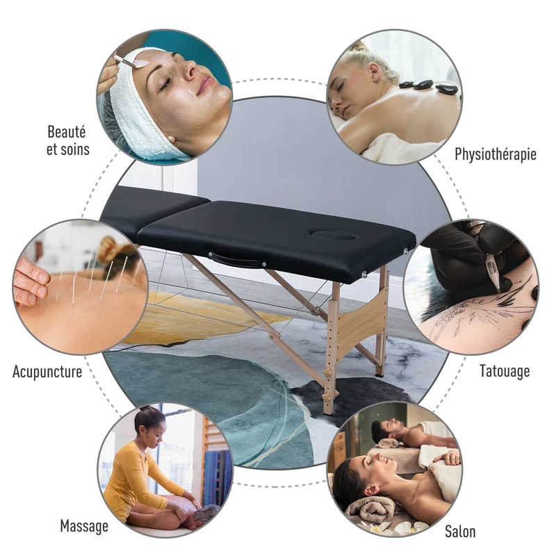 Table de massage pliante 186 x 60 x 61-87 cm hauteur réglable oreiller facial amovible léger moderne épuré en PVC noir 21_0000770