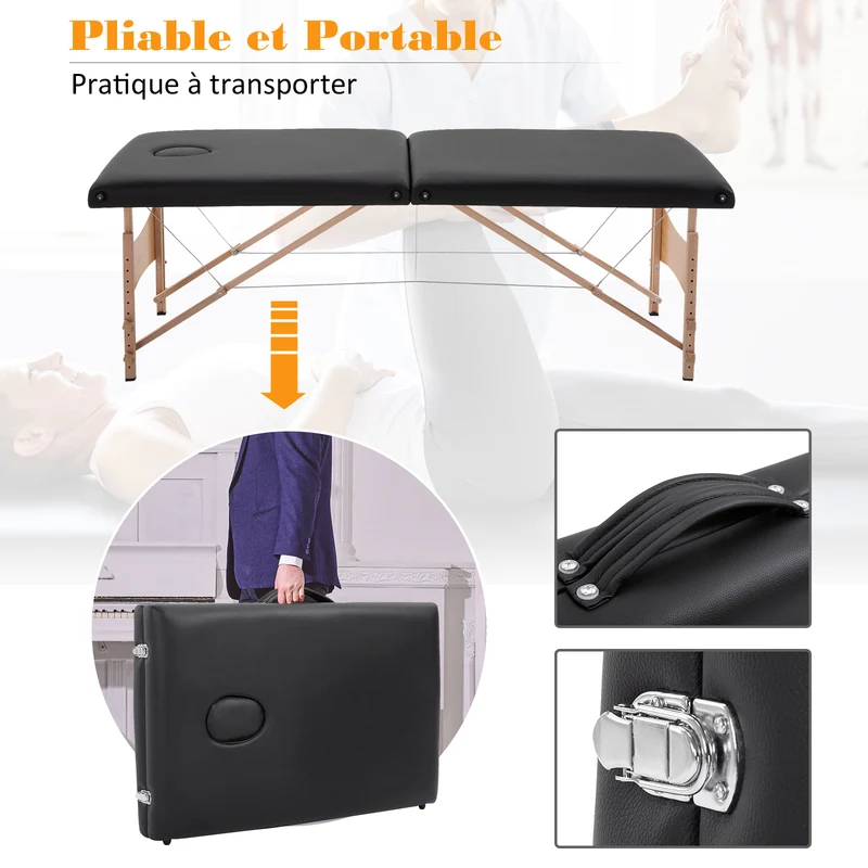 Table de massage pliante 186 x 60 x 61-87 cm hauteur réglable oreiller facial amovible léger moderne épuré en PVC noir 21_0000770