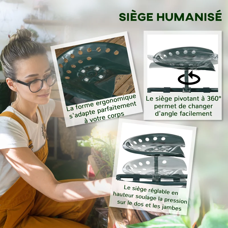 Siège de jardin roulant 83 x 36.5 x 45-60 cm pivotant 360 degrés assise réglable tout-terrain stable en acier vert foncé 21_0005459