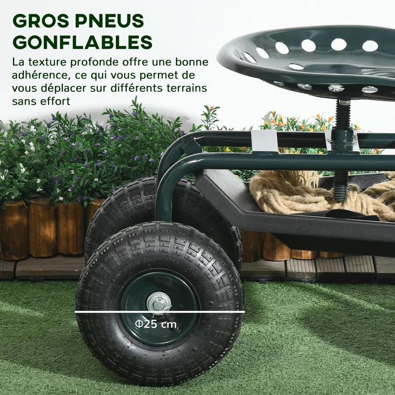 Siège de jardin roulant 83 x 36.5 x 45-60 cm pivotant 360 degrés assise réglable tout-terrain stable en acier vert foncé 21_0005459