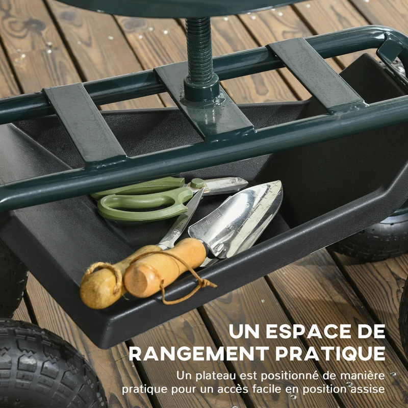 Siège de jardin roulant 83 x 36.5 x 45-60 cm pivotant 360 degrés assise réglable tout-terrain stable en acier vert foncé 21_0005459