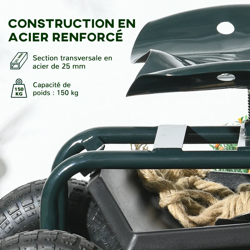 Siège de jardin roulant 83 x 36.5 x 45-60 cm pivotant 360 degrés assise réglable tout-terrain stable en acier vert foncé 21_0005459