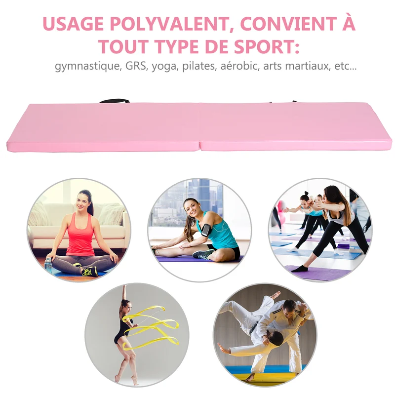 Tapis de gymnastique pliable portable avec poignées 180 x 60 x 5 cm antidérapant amorti épuré moderne en mousse rose 21_0006907