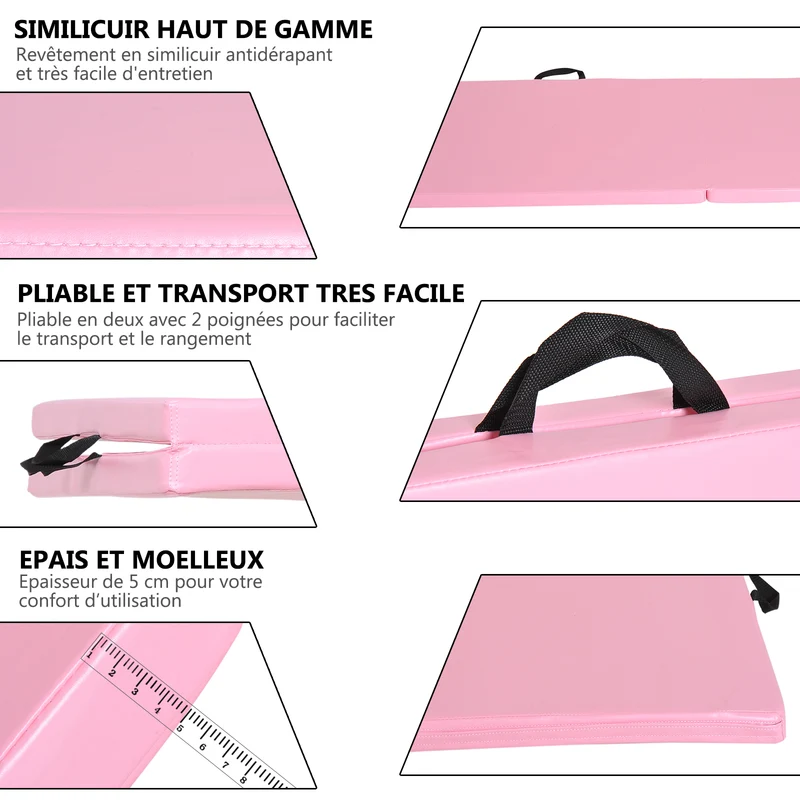 Tapis de gymnastique pliable portable avec poignées 180 x 60 x 5 cm antidérapant amorti épuré moderne en mousse rose 21_0006907