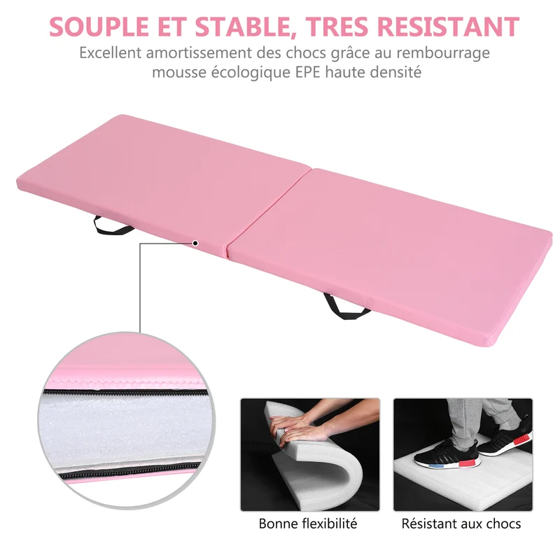 Tapis de gymnastique pliable portable avec poignées 180 x 60 x 5 cm antidérapant amorti épuré moderne en mousse rose 21_0006907