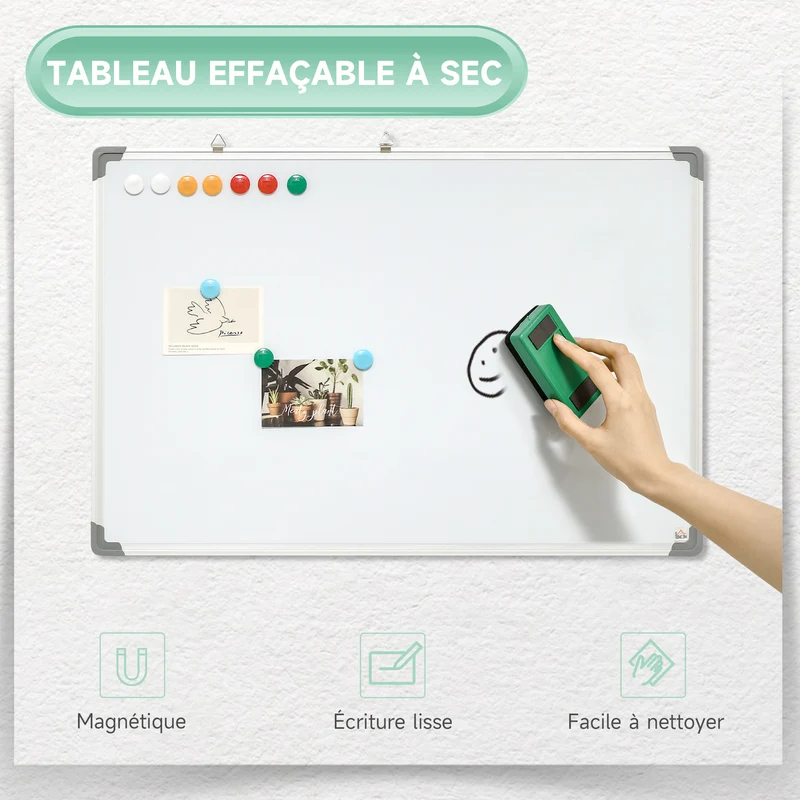 Tableau blanc magnétique mural 90 x 60 x 1,8 cm surface effaçable à sec aimants inclus moderne épuré en acier blanc 21_0006096