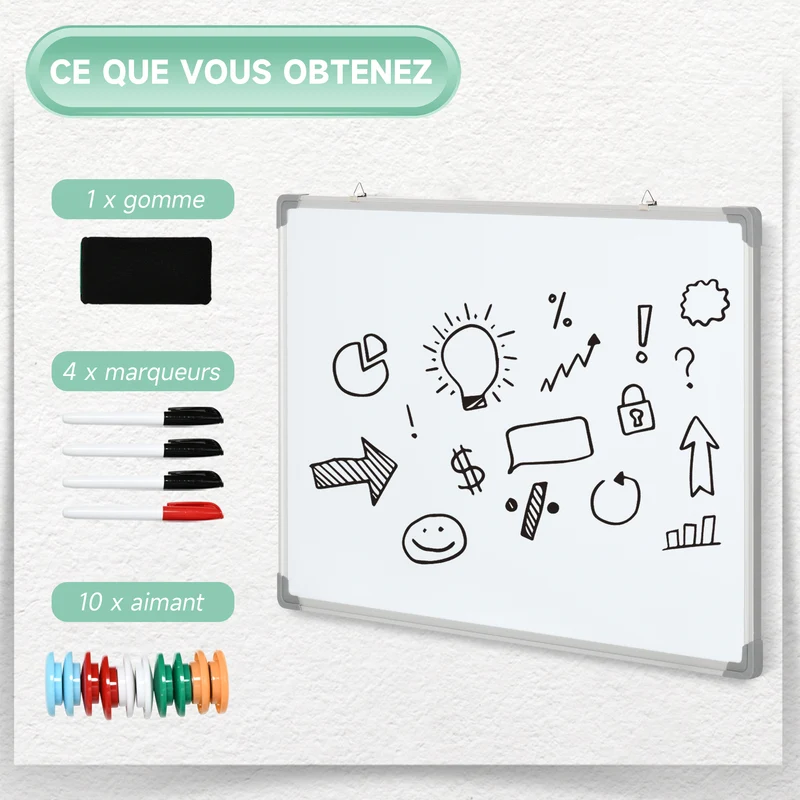 Tableau blanc magnétique mural 90 x 60 x 1,8 cm surface effaçable à sec aimants inclus moderne épuré en acier blanc 21_0006096