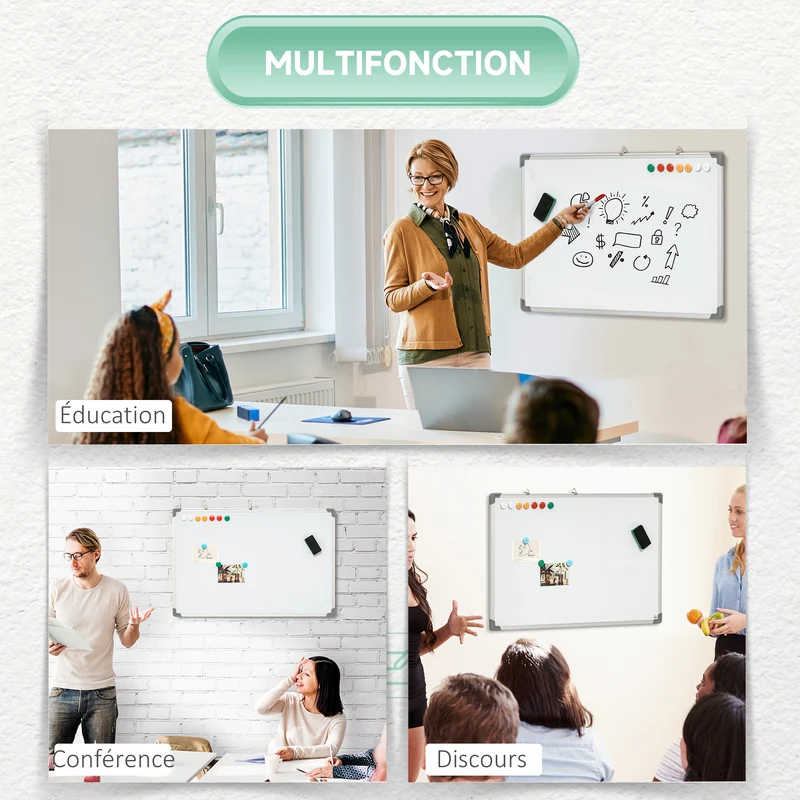 Tableau blanc magnétique mural 90 x 60 x 1,8 cm surface effaçable à sec aimants inclus moderne épuré en acier blanc 21_0006096