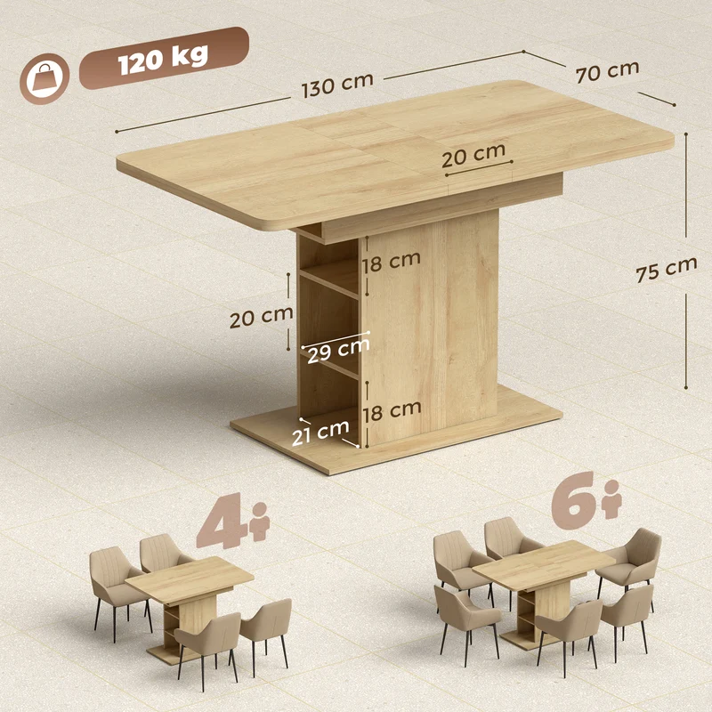 Table à manger extensible 110-130 x 70 x 75 cm 4 à 6 personnes rangement intégré scandinave sobre en MDF bois naturel 21_0003400