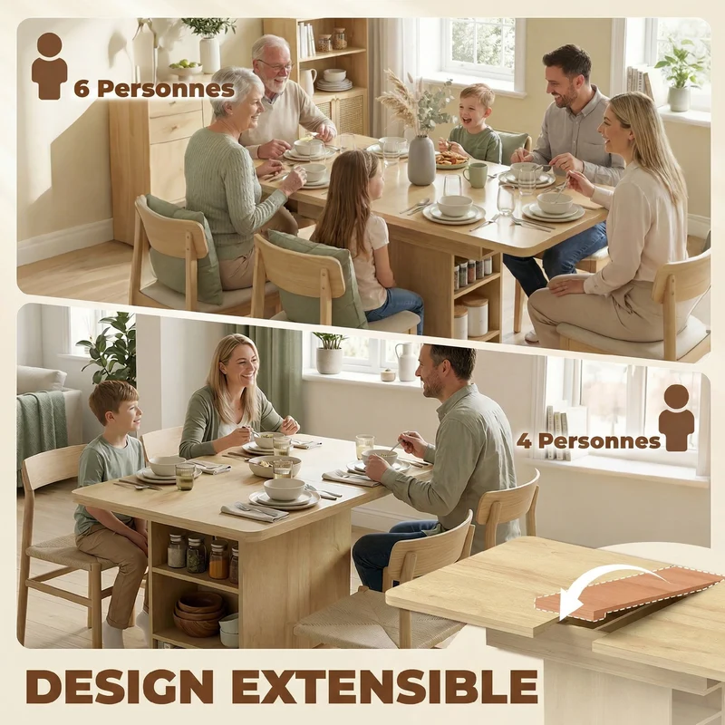 Table à manger extensible 110-130 x 70 x 75 cm 4 à 6 personnes rangement intégré scandinave sobre en MDF bois naturel 21_0003400