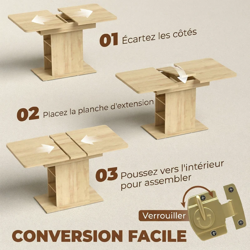 Table à manger extensible 110-130 x 70 x 75 cm 4 à 6 personnes rangement intégré scandinave sobre en MDF bois naturel 21_0003400