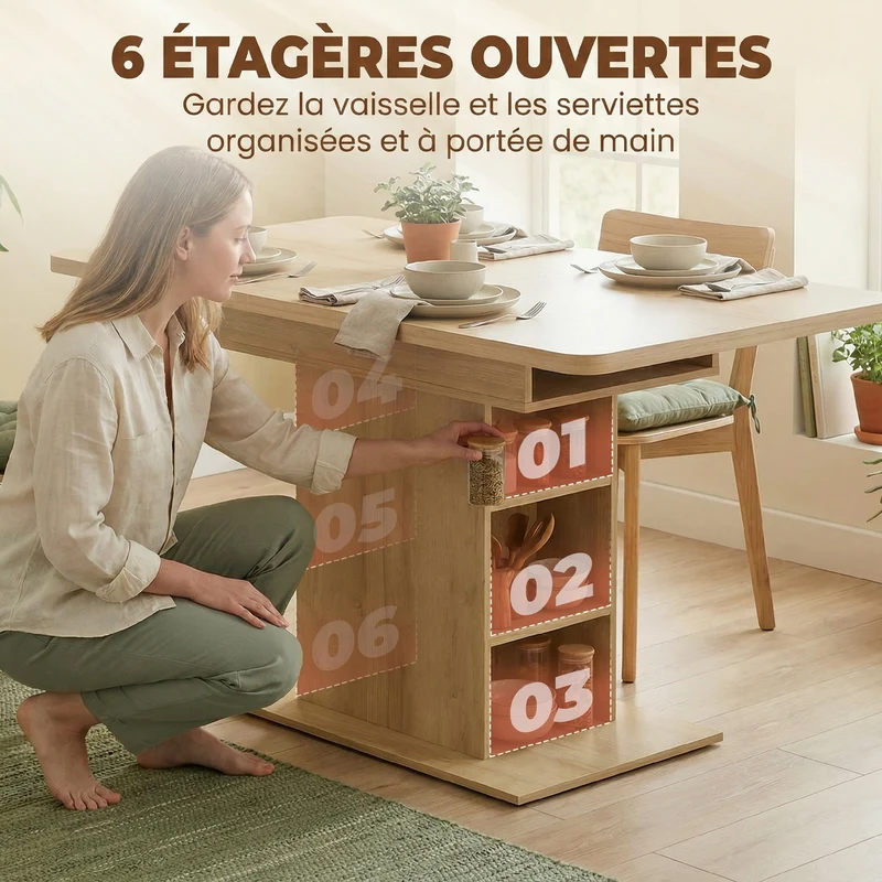 Table à manger extensible 110-130 x 70 x 75 cm 4 à 6 personnes rangement intégré scandinave sobre en MDF bois naturel 21_0003400