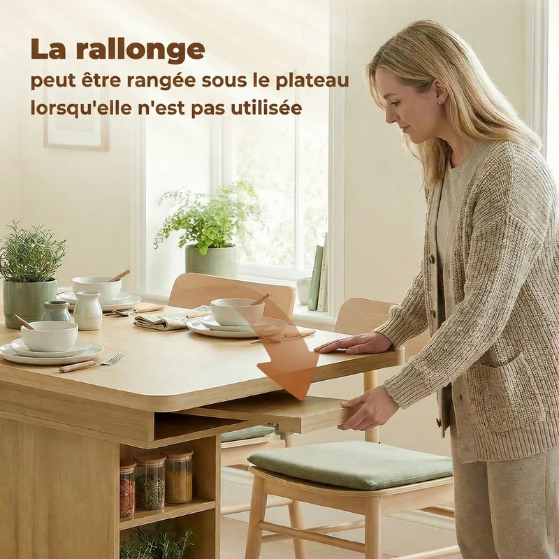 Table à manger extensible 110-130 x 70 x 75 cm 4 à 6 personnes rangement intégré scandinave sobre en MDF bois naturel 21_0003400