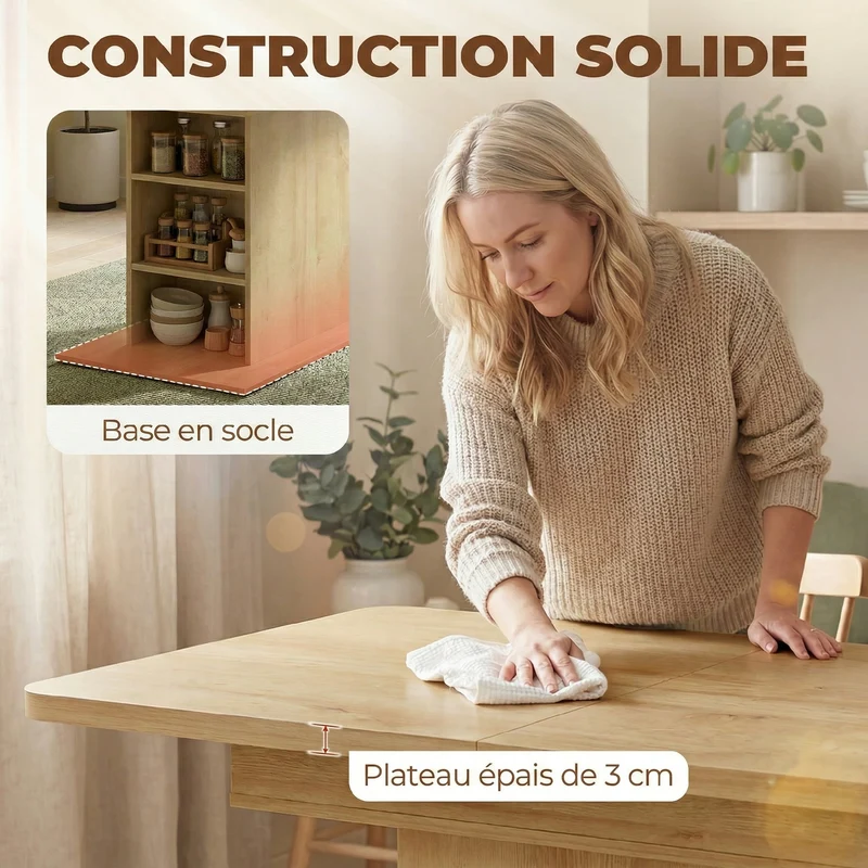 Table à manger extensible 110-130 x 70 x 75 cm 4 à 6 personnes rangement intégré scandinave sobre en MDF bois naturel 21_0003400