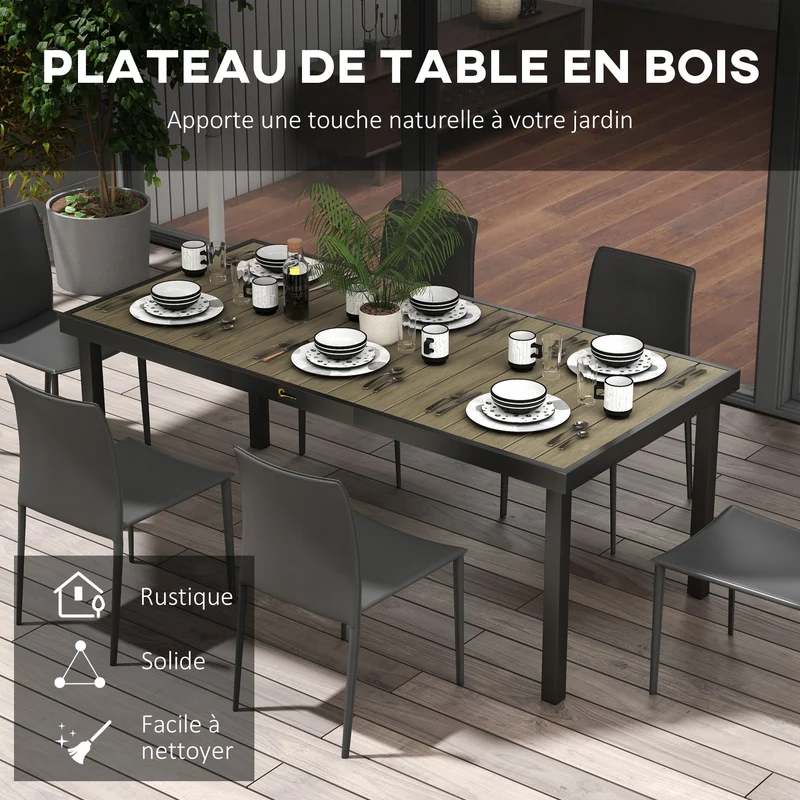 Table de jardin rectangulaire pour 8 personnes 190 x 90 x 74 cm résistante facile à nettoyer rustique en aluminium marron 21_0004700