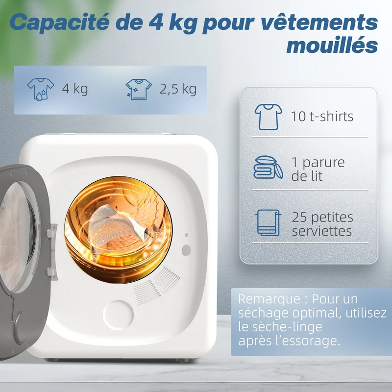 Sèche-linge évacuation portable balcon 48 x 43 x 57 cm 5 modes capteurs hygiéniques moderne épuré en plastique blanc 21_0007096
