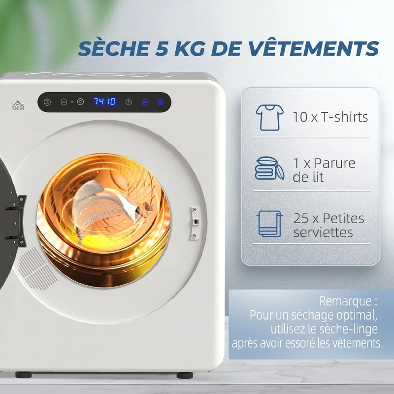 Sèche-linge à évacuation compact 49 x 43 x 61 cm séchage rapide anti froissage moderne épuré en acier inoxydable blanc 21_0007093