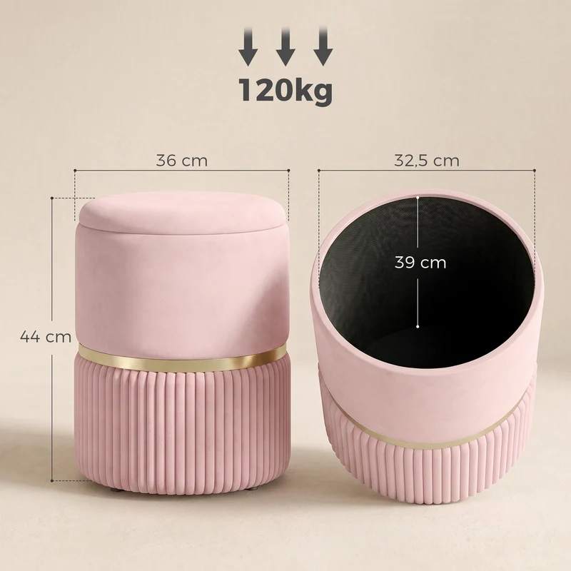 Pouf coffre rond d'appoint et repose-pieds 36 x 36 x 44 cm rangement pratique assise moelleuse design en velours rose 21_0002932