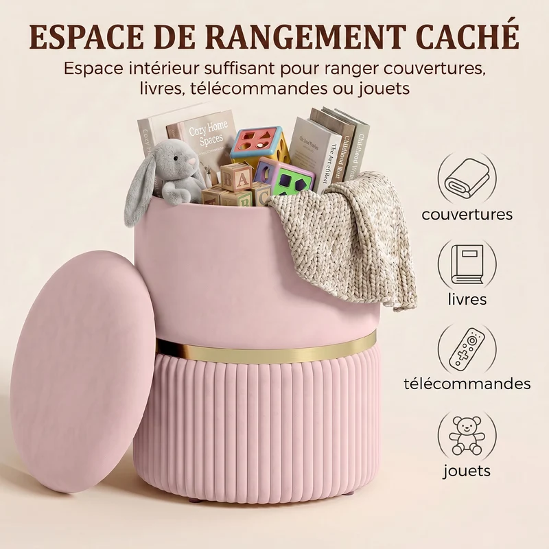 Pouf coffre rond d'appoint et repose-pieds 36 x 36 x 44 cm rangement pratique assise moelleuse design en velours rose 21_0002932