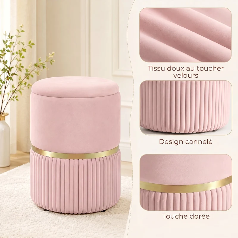 Pouf coffre rond d'appoint et repose-pieds 36 x 36 x 44 cm rangement pratique assise moelleuse design en velours rose 21_0002932