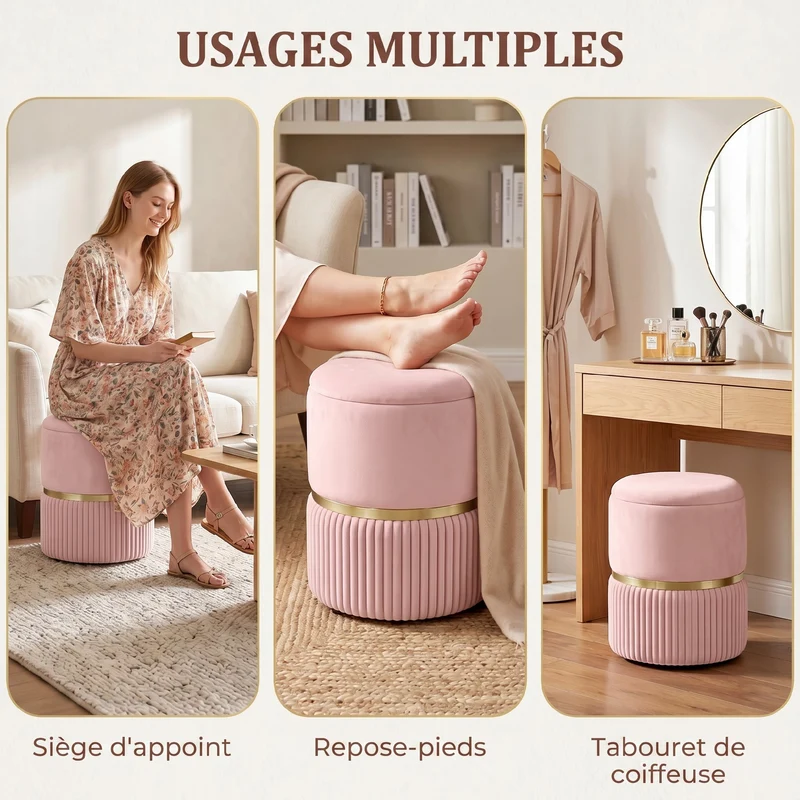 Pouf coffre rond d'appoint et repose-pieds 36 x 36 x 44 cm rangement pratique assise moelleuse design en velours rose 21_0002932