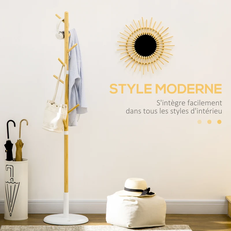 Portemanteau sur pied entrée 38 x 38 x 176 cm 8 crochets gain de place stable scandinave contemporain en bambou blanc 21_0002648