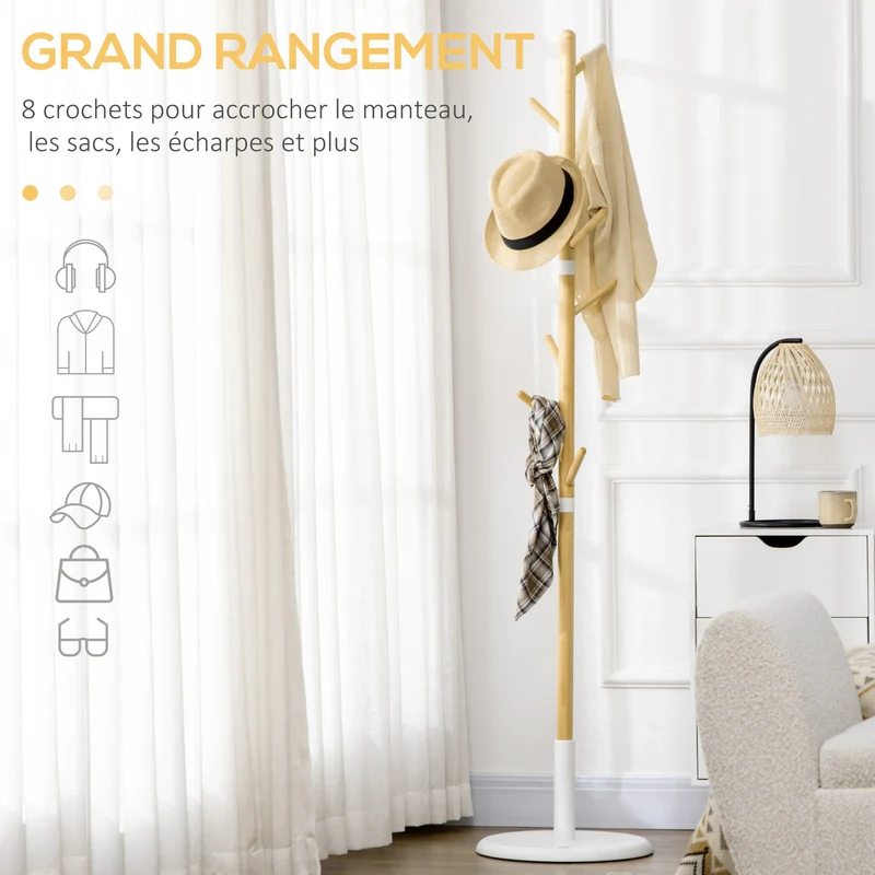 Portemanteau sur pied entrée 38 x 38 x 176 cm 8 crochets gain de place stable scandinave contemporain en bambou blanc 21_0002648