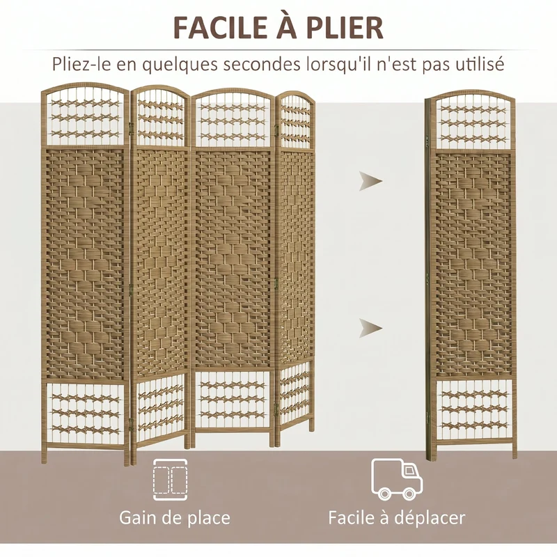 Paravent séparateur de pièce 4 panneaux pliable 160 x 170 cm intimité bonne aération design scandinave en bois naturel 21_0001272