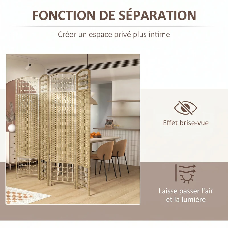 Paravent séparateur de pièce 4 panneaux pliable 160 x 170 cm intimité bonne aération design scandinave en bois naturel 21_0001272