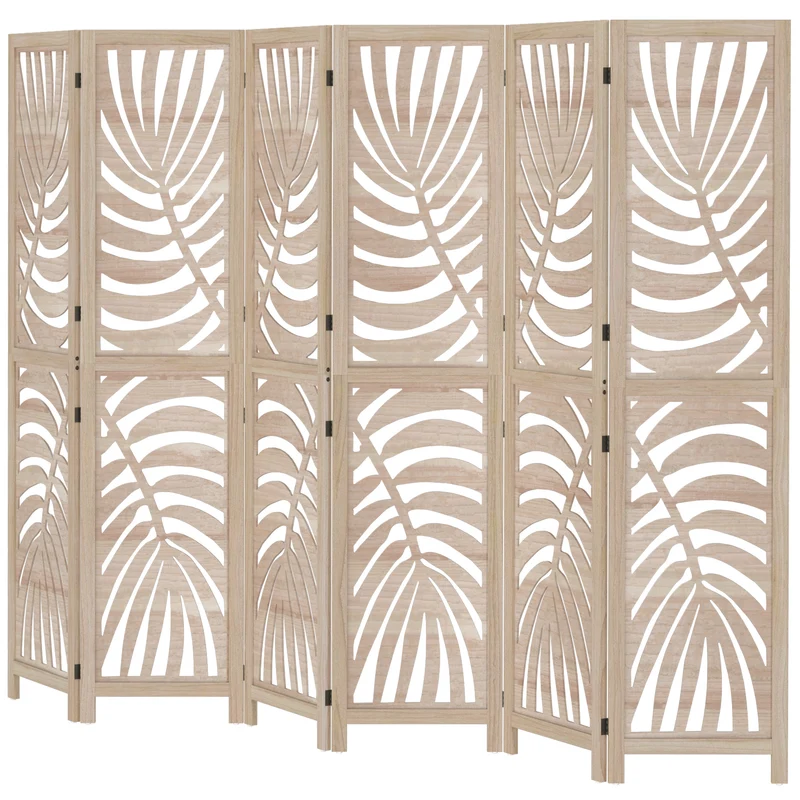 Paravent intérieur 6 panneaux 240 x 1,7 x 170 cm séparation modulable motif feuilles amovibles décoratif en bois naturel 21_0001384