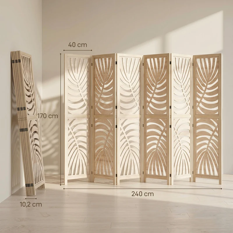 Paravent intérieur 6 panneaux 240 x 1,7 x 170 cm séparation modulable motif feuilles amovibles décoratif en bois naturel 21_0001384