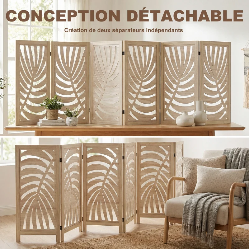 Paravent intérieur 6 panneaux 240 x 1,7 x 170 cm séparation modulable motif feuilles amovibles décoratif en bois naturel 21_0001384