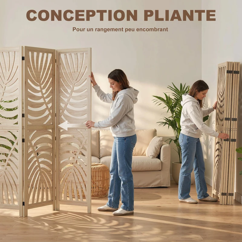Paravent intérieur 6 panneaux 240 x 1,7 x 170 cm séparation modulable motif feuilles amovibles décoratif en bois naturel 21_0001384