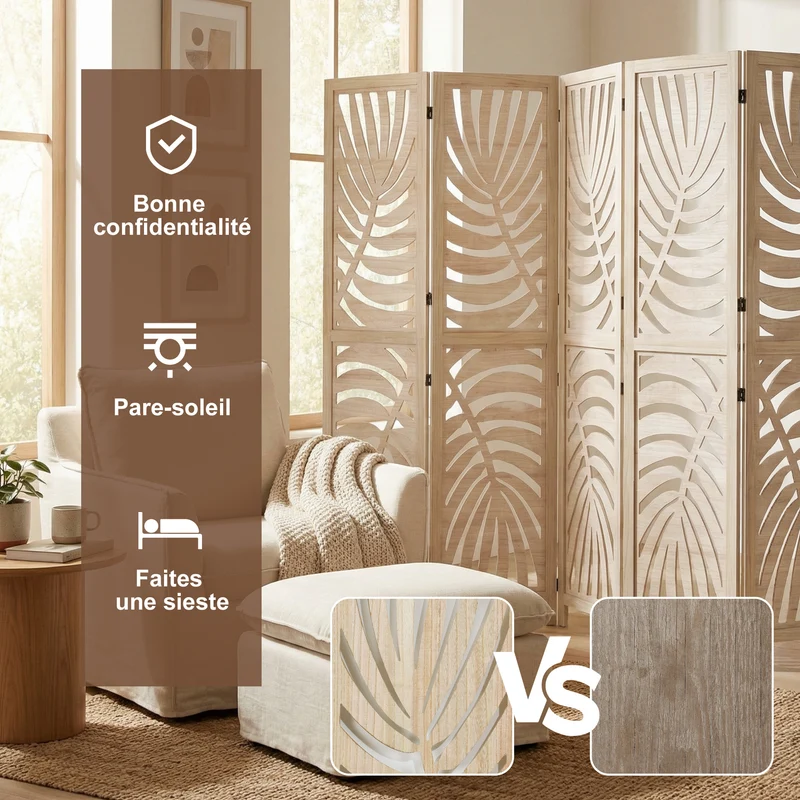 Paravent intérieur 6 panneaux 240 x 1,7 x 170 cm séparation modulable motif feuilles amovibles décoratif en bois naturel 21_0001384