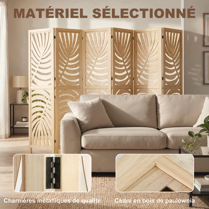 Paravent intérieur 6 panneaux 240 x 1,7 x 170 cm séparation modulable motif feuilles amovibles décoratif en bois naturel 21_0001384