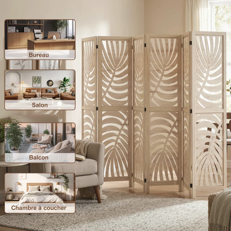 Paravent intérieur 6 panneaux 240 x 1,7 x 170 cm séparation modulable motif feuilles amovibles décoratif en bois naturel 21_0001384