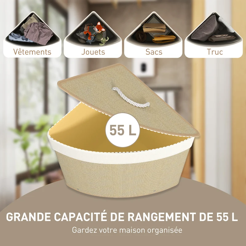 Panier à linge triangle 35 x 35 x 60 cm 55 l sac amovible style scandinave épuré salle de bain en bambou bois naturel 21_0005881