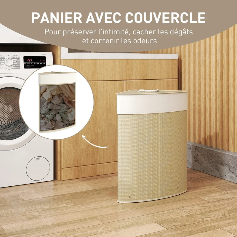 Panier à linge triangle 35 x 35 x 60 cm 55 l sac amovible style scandinave épuré salle de bain en bambou bois naturel 21_0005881