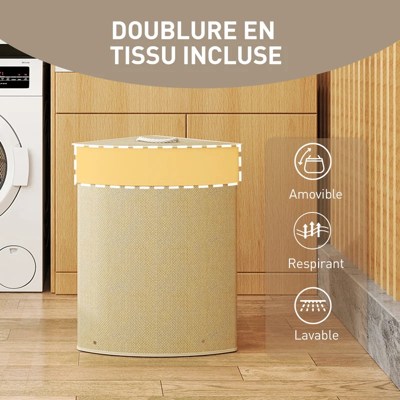 Panier à linge triangle 35 x 35 x 60 cm 55 l sac amovible style scandinave épuré salle de bain en bambou bois naturel 21_0005881