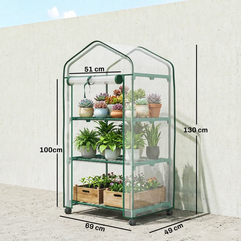 Mini serre de jardin 69 x 49 x 130 cm 3 étagères sur roulettes porte enroulable épuré contemporain en PVC transparent 21_0005436