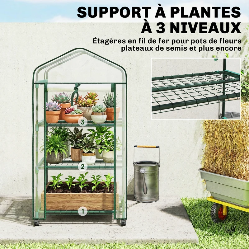 Mini serre de jardin 69 x 49 x 130 cm 3 étagères sur roulettes porte enroulable épuré contemporain en PVC transparent 21_0005436