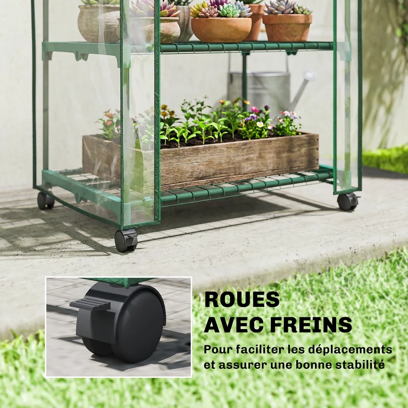 Mini serre de jardin 69 x 49 x 130 cm 3 étagères sur roulettes porte enroulable épuré contemporain en PVC transparent 21_0005436