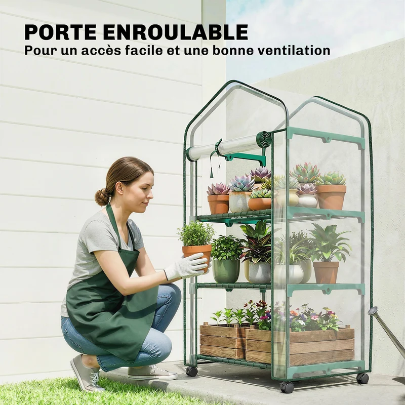 Mini serre de jardin 69 x 49 x 130 cm 3 étagères sur roulettes porte enroulable épuré contemporain en PVC transparent 21_0005436