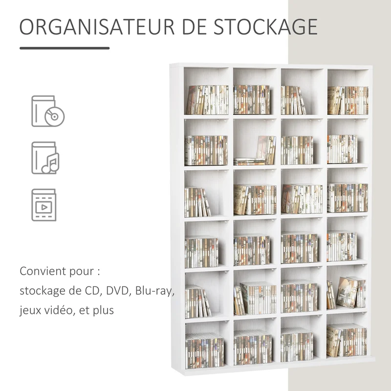 Meuble multimédia télé salon 89 x 20 x 130.5 cm 456 cd 336 dvd étagères réglables épuré en panneaux de particules blanc 21_0001402