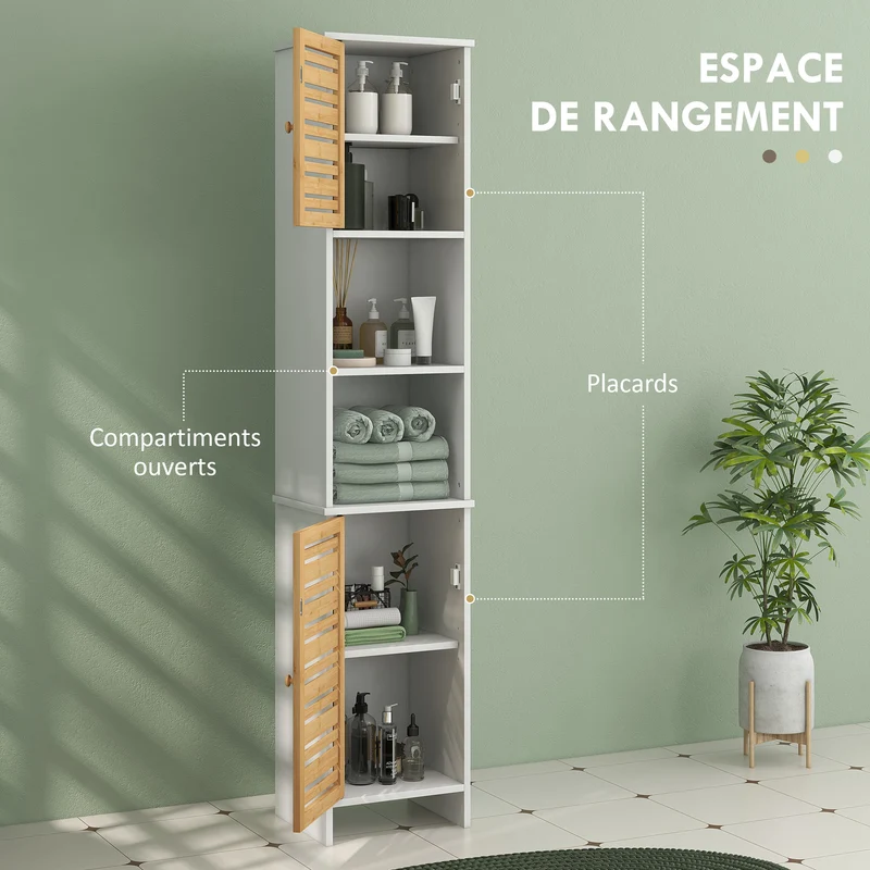 Meuble colonne salle de bain 35 x 30 x 170 cm gain de place étagère réglable 2 placards contemporain épuré en MDF blanc 21_0002025