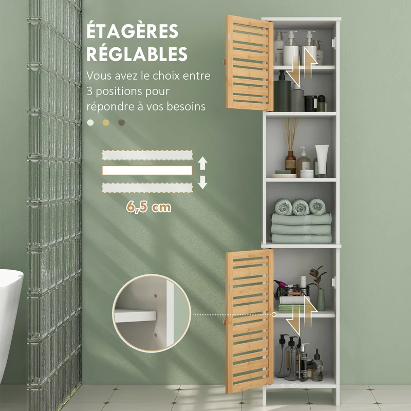Meuble colonne salle de bain 35 x 30 x 170 cm gain de place étagère réglable 2 placards contemporain épuré en MDF blanc 21_0002025